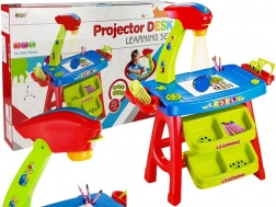 Table éducative pour enfants avec projecteur, tiroirs et pochoirs – bleu‑rouge