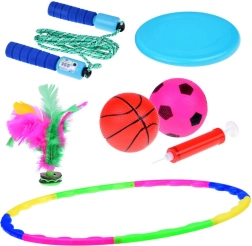 Set sportif 5‑en‑1 pour enfants – hula hoop, frisbee, corde à sauter, balles et volant à plumes