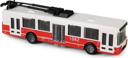 Trolleybus rouge à mouvement à inertie avec portes ouvrantes