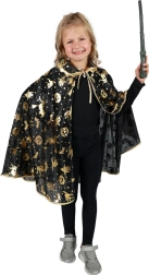 Cape de sorcier pour enfant pour Halloween, noire avec motifs dorés