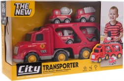 Set de véhicules de pompiers avec camion-porteur – transporteur et 4 petites voitures avec lumières et sons
