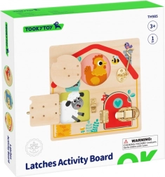 planche d’activités en bois avec verrous