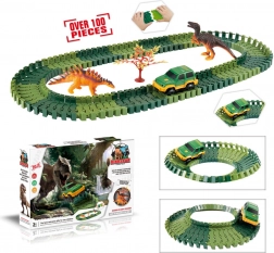 Circuit modulable avec dinosaures – 100 pièces avec petite voiture lumineuse