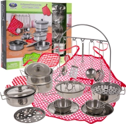 Set de cuisine en métal pour enfants, 23 pièces avec vaisselle, couverts et tablier de chef