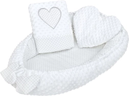Nid bébé de luxe avec petit oreiller et couette New Baby Minky Cœur blanc