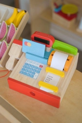 Caisse enregistreuse en bois pour enfants pour jouer au magasin avec scanner