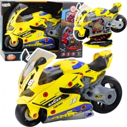 Moto interactive 2-en-1 avec atelier de démontage, lumières, sons et effet fumée – jaune 43 cm