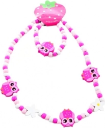 Parure collier et bracelet avec petites chouettes en perles de bois