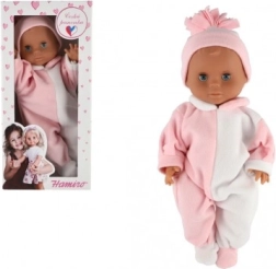 Poupée bébé HAMIRO 40 cm avec corps rigide en grenouillère blanc‑rose et petit bonnet rose