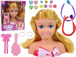 Tête à coiffer de poupée avec perles, barrettes et mèches colorées