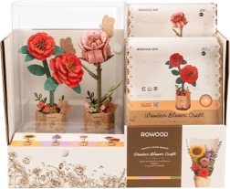 Présentoir avec camélia rouge et rose rose