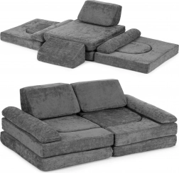 Canapé modulable pliant pour enfants pour 2 enfants, composé de 10 éléments en tissu d’ameublement doux – gris ECOTOYS