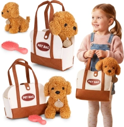 Chien en peluche dans un sac avec brosse – caniche brun pour enfants