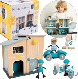 Commissariat de police en bois Classic World avec voitures, hélicoptère et figurines