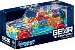 voiture tout-terrain transparente avec engrenages et effets lumineux
