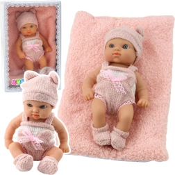 Poupée en tissu bébé avec petit plaid, tenue rose et blanche, bonnet, 18 cm