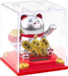Statuette argentée de chat porte-bonheur chinois avec mécanisme solaire