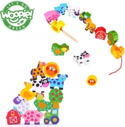 WOOPIE GREEN ferme à enfiler en bois – animaux, 13 pièces