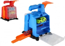 Garage en plastique avec mécanisme de lancement et 2 petites voitures