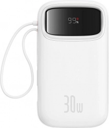 Batterie externe Baseus QPow 2 20000 mAh 30 W avec câble USB‑C intégré, 2× USB‑C, blanc