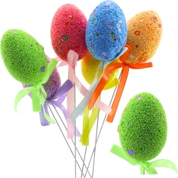 Oeufs de Pâques sur tige avec petit nœud, décoration colorée, 6 pcs