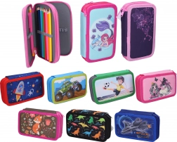 Trousse scolaire textile à deux étages avec équipement