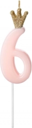Bougie d’anniversaire rose avec le chiffre 6 et une couronne