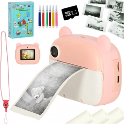 Appareil photo instantané pour enfants avec imprimante thermique – ourson rose, carte 32 Go