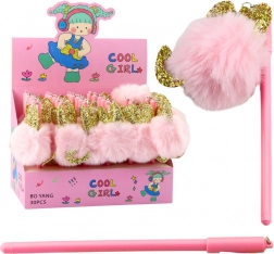 Stylo gel avec pompon rose, encre bleue, 17 cm, 0,5 mm