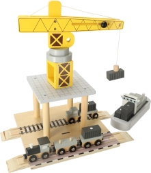 Port maritime en bois avec grue, bateau et train