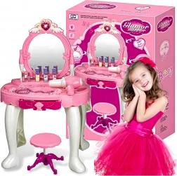 Coiffeuse enfant rose avec miroir et tabouret avec accessoires