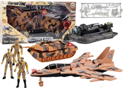 ensemble de jeu militaire avec un char, un avion de chasse et des soldats avec effets sonores