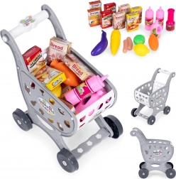 Chariot gris pour enfant pour jouer au supermarché ou en cuisine + 18 accessoires