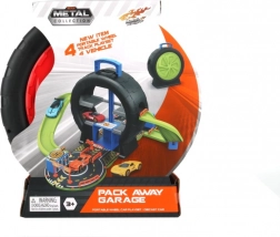 Set de jeu dans une valise en forme de pneu avec 4 petites voitures