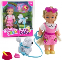 Mini poupée avec chien en laisse et gamelle avec os