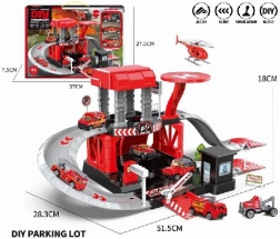 Set de stationnement avec voitures de pompiers en métal et hélicoptère