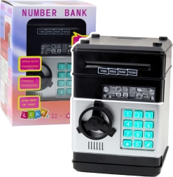 Coffre-fort noir tirelire en verre avec code PIN et effets lumineux et sonores