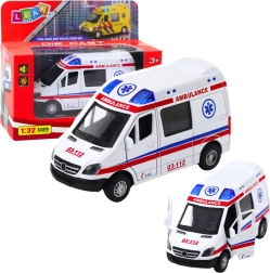 Ambulance en métal 1:32 à propulsion pull-back, lumières et sons – blanche
