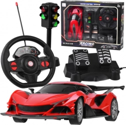 Voiture de sport RC avec volant, pédales et feu tricolore 1:16 – Rouge