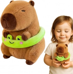 Capybara en peluche avec bouée verte et petite grenouille 20 cm