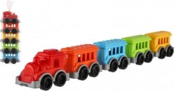 Petit train en plastique avec 4 wagonnets dans un filet