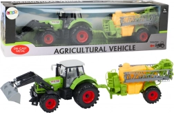 Tracteur avec chargeur et pulvérisateur vert