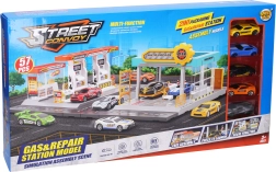 Station-service et garage 2-en-1 avec 5 petites voitures en métal