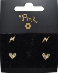 Set de boucles d’oreilles dorées avec cœur et éclair, 4 pcs