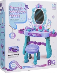 Coiffeuse magique pour enfants avec détails violets et tabouret