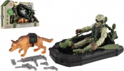 Set d’action militaire avec bateau pneumatique, soldat et chien