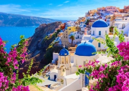 Puzzle Santorini avec des fleurs, Grèce 1000 pièces
