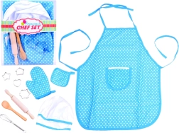Set de cuisine pour enfants avec tablier bleu à pois, toque, gant et ustensiles de pâtisserie