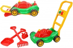 tondeuse à gazon en plastique pour enfants avec accessoires dans un filet