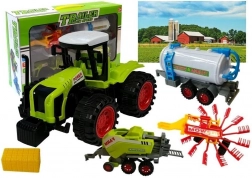 Set de véhicules de ferme avec tracteur, citerne, andaineur de foin et presse